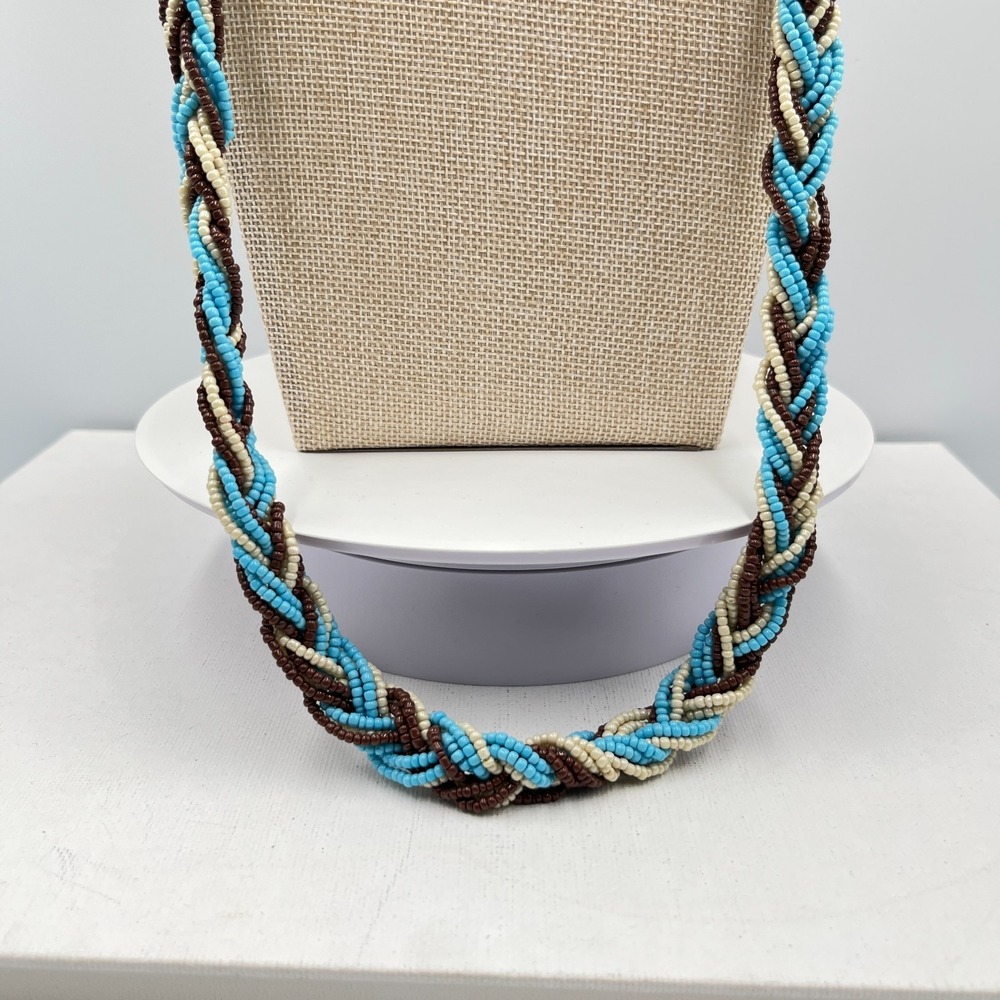 Vintage Multi-Strand Braided Seed Bead Necklace Cream Blue Brown Boho Retro - Picture 10 of 15